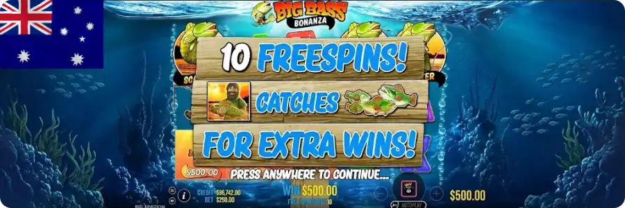 Big Bass Bonanza free spins round with money fish symbols and cash values for AU players 🇦🇺
